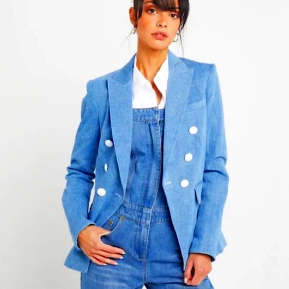 KOURT Blue Denim Double-Breasted Buttons Blazer Size M